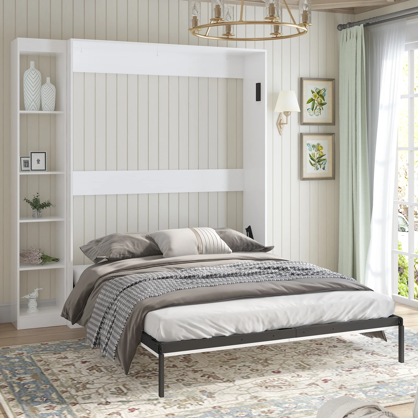 MUZZ Foldable Murphy Bed with 1 Side Cabinet, Folding Wall Bed with Space Saving Design, Fold up Murphy Bed Cabinet for Storage, Multipurpose Cabinet Bed for Bedroom/Apartment (Style5+1,White)