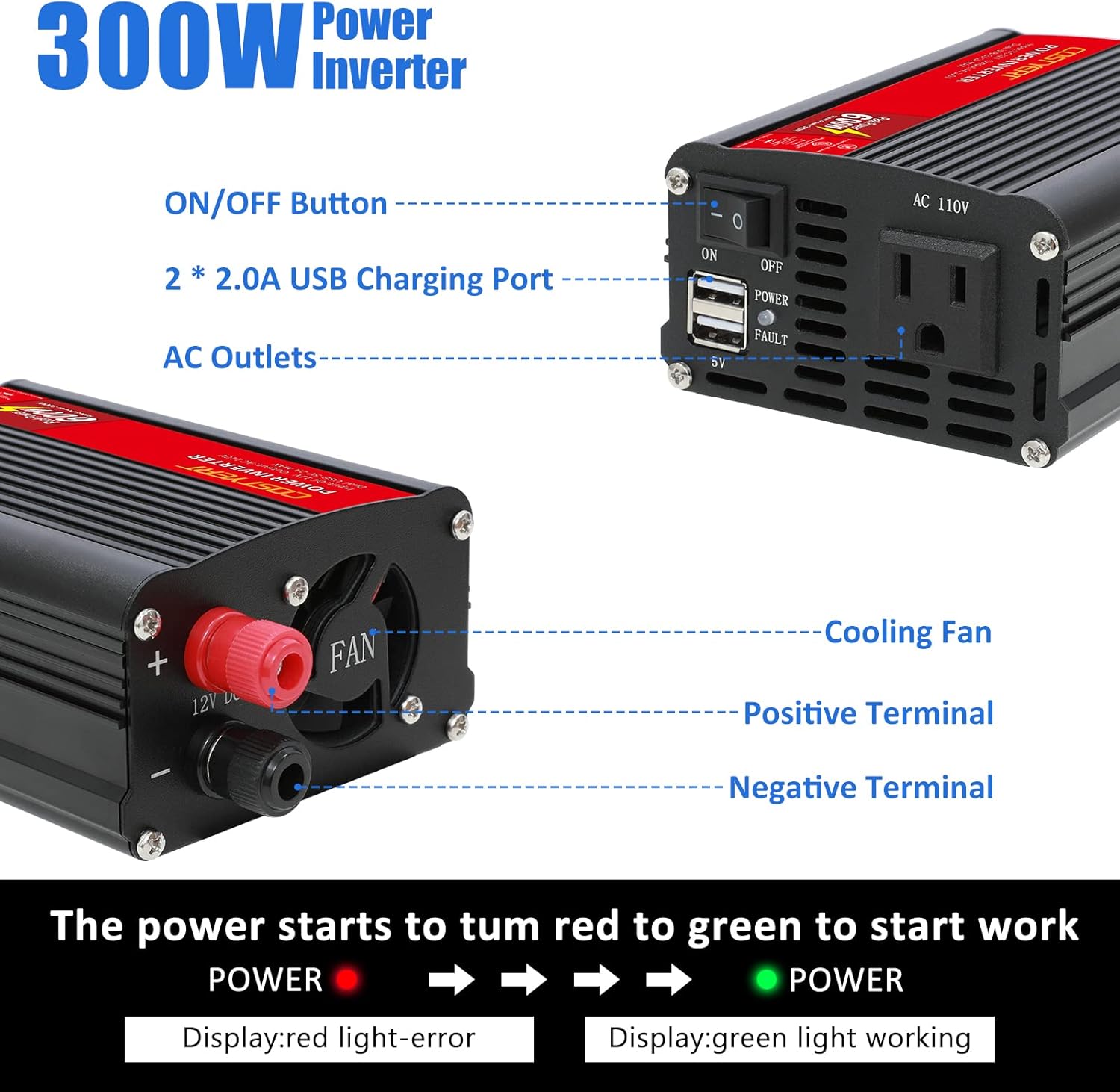 COSTYERT 500W Power Inverter DC 12V to 110V AC Car Inverter with Alligator Battery Clamp, LCD Display, Dual AC Outlets & 2.0A USB Ports Charger, Red