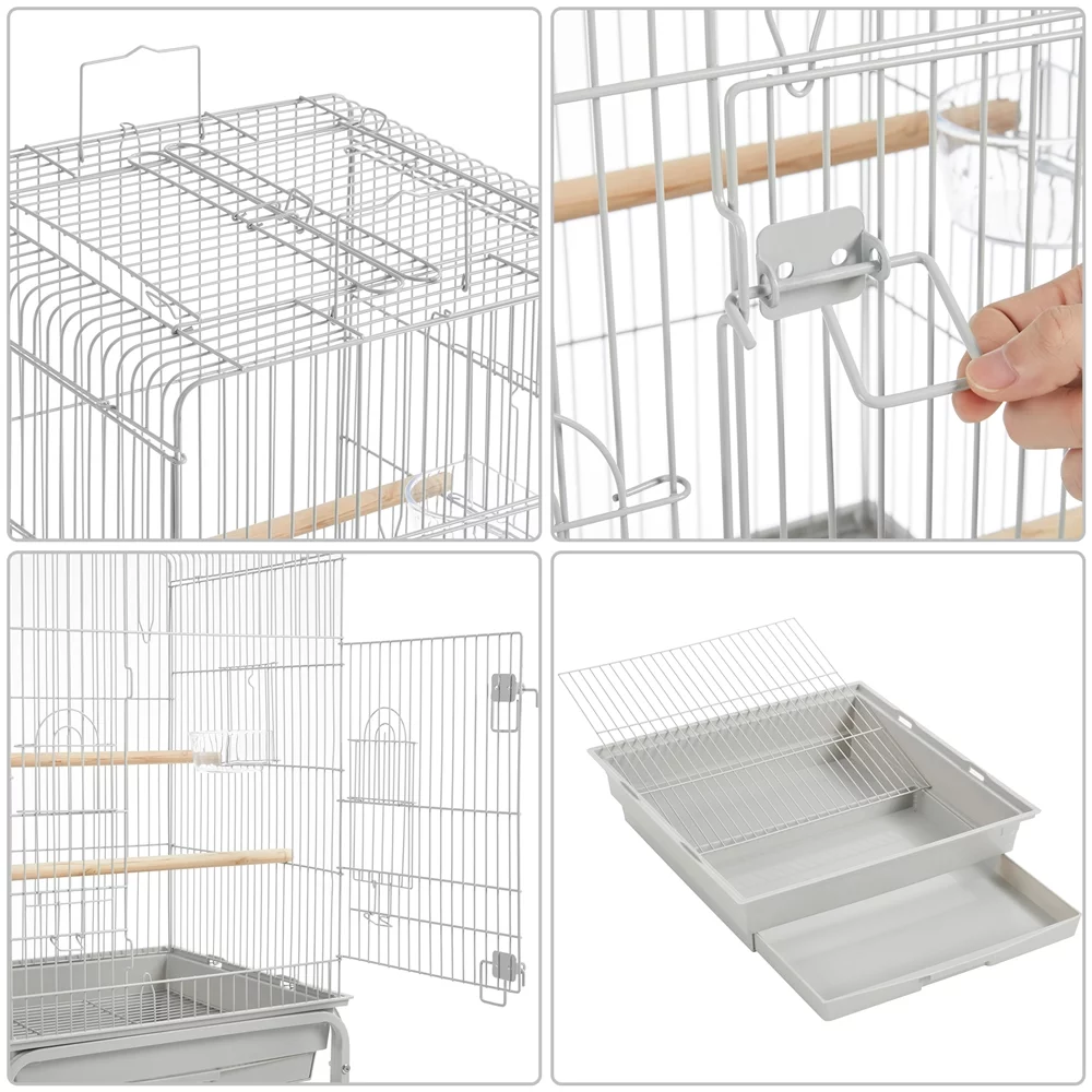 Alden Design 53.5" Metal Rolling Bird Cage with Play Top Stand, Light Gray - Curated Treasures Market
