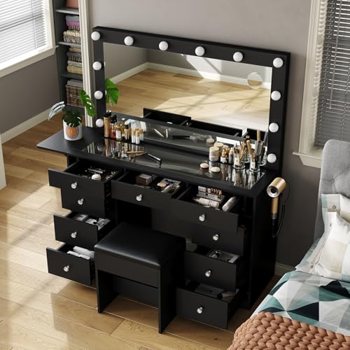 Vanity Desk with Power Outlet, 9 Drawers Makeup Vanity with Mirror and 12 LED Lights, 3 Lighting Modes, Glass Top Vanity Set, Fold-up Panel, Dressing Table for Bedroom
