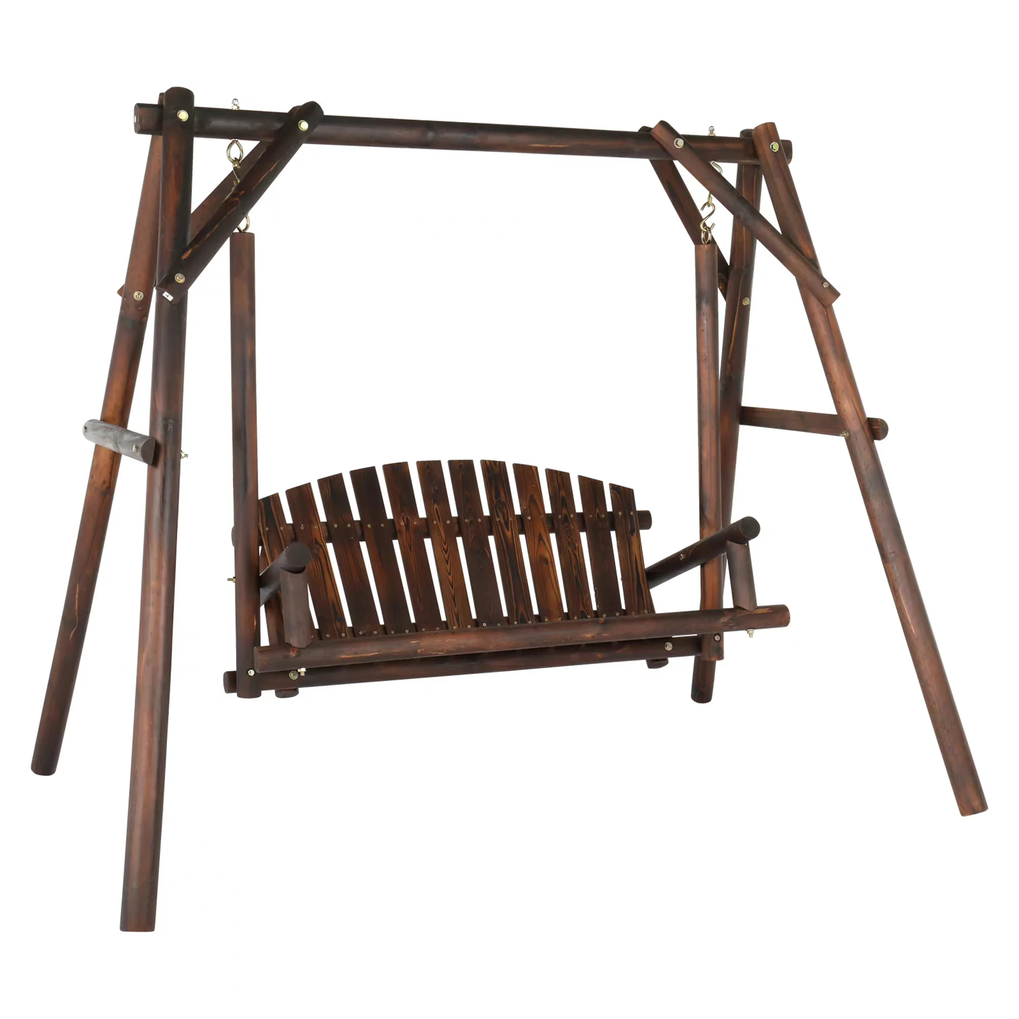 6.5’ Outdoor Rustic Loveseat Freestanding Solid Wood Natural Log Garden Swing，Brown