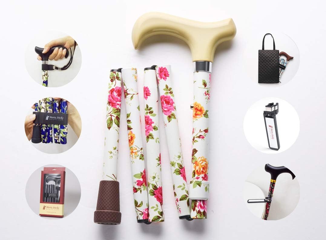 [Combo Set] Merry Sticks Designer Folding Adjustable Walking Cane. Includes a Convenient Cane Bag and a Smart Reflective Cane Holder. Walking Stick