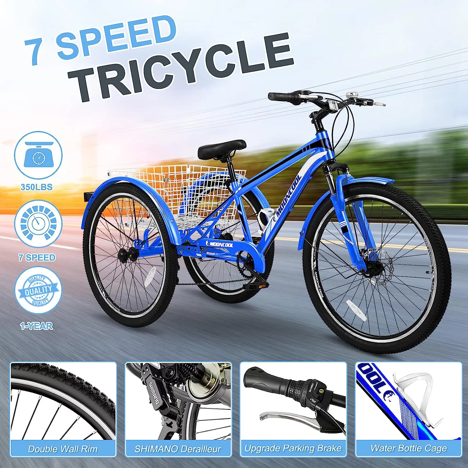 Lilypelle Adult Mountain Tricycle 24/26/27.5 Inch Low step through Mountain Bike Cruiser Trikes for Adults 7 Speed Three Wheel Trike Bike Bicycle with Large Basket