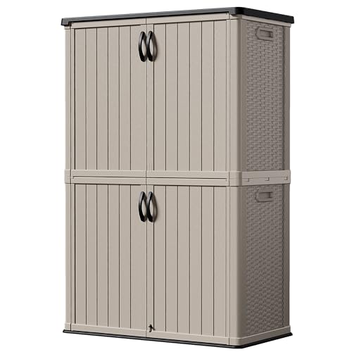 Devoko Outdoor Storage Cabinet 26 Cu Ft with Lockable Doors, Horizontal Storage Shed Waterproof Patio Tools Storage Box for Sofa Cushions, Gardening Tools and Accessories (White)