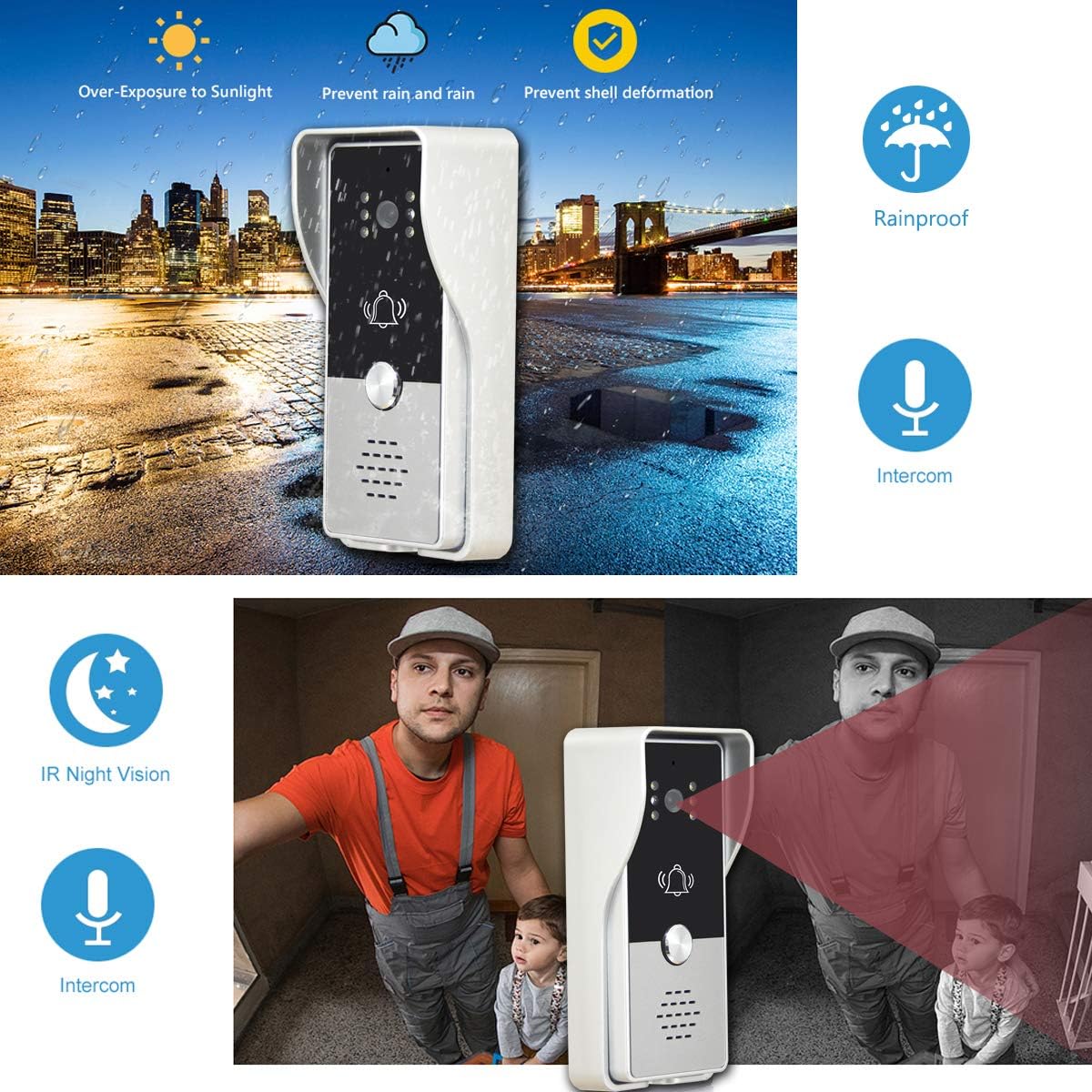 AMOCAM Video Doorbell Camera Intercom System, 7 Inches Aluminum Alloy Panel Monitor Wired Video Door Phone Kits, Support Unlock, Monitoring, Dual-Way Intercom for Villa Office Apartment and More