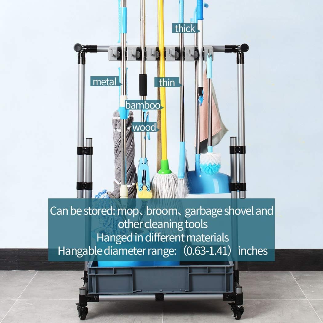 QTJH Broom And Mop Holder Put Wet Mops Movable Floor-Mounted Mop Rack Floor Standing Cleaning Tool Cart Storage For Garden Garage Schools, Hospitals, Factories, Hotels,Property Companies