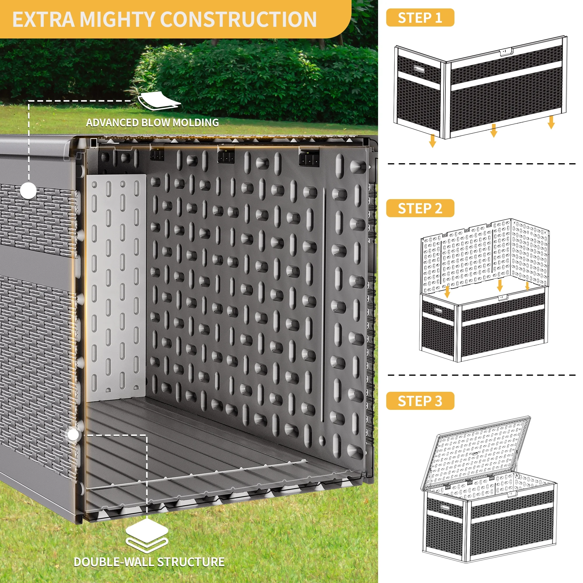 Dextrus 230 Gallon Resin Deck Box,Large Double-Wall Resin Rattan Outdoor Storage box for Patio Furniture, Garden Tools, Waterproof and Lockable,Grey