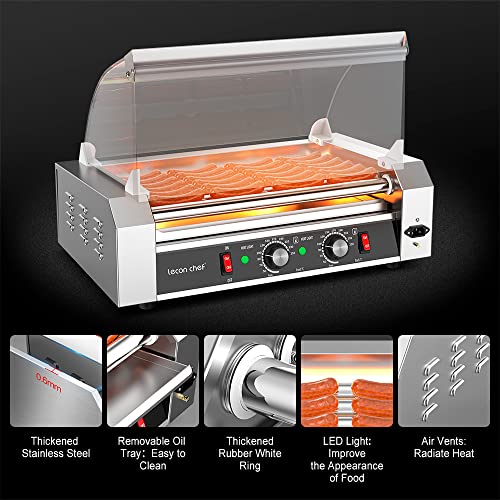 Leconchef Hot Dog Roller Machine Commercial Electric 7Roller Sausage Grill Hotdog Cooker Warmer Machine Stainless Steel with Dual Temp Control, Detachable Glass Cover and LED For Kitchen Canteen