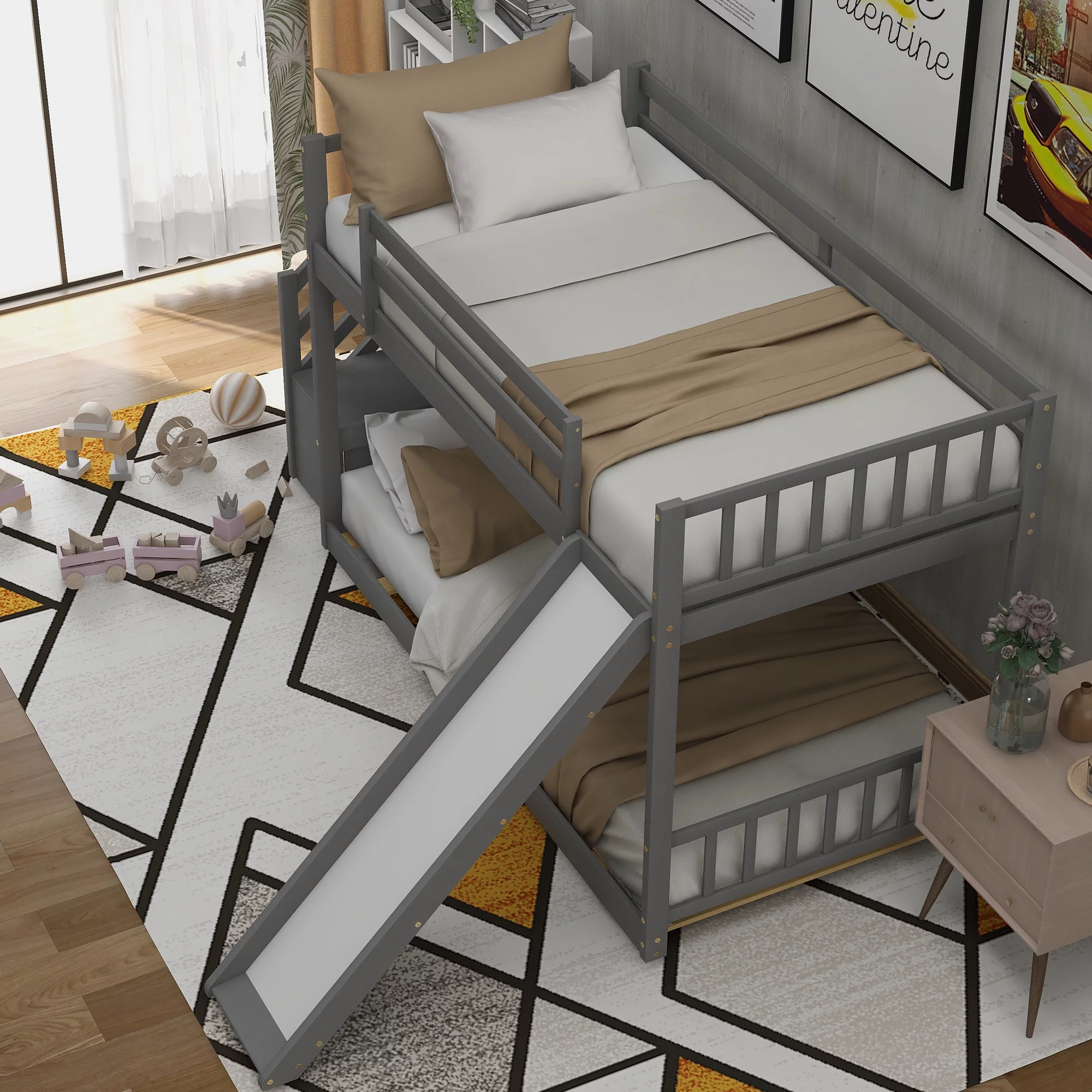 EUROCO Wood Twin over Twin Bunk Bed with Slide and Staircase, Low Profile Bunk Bed with Storage, Gray