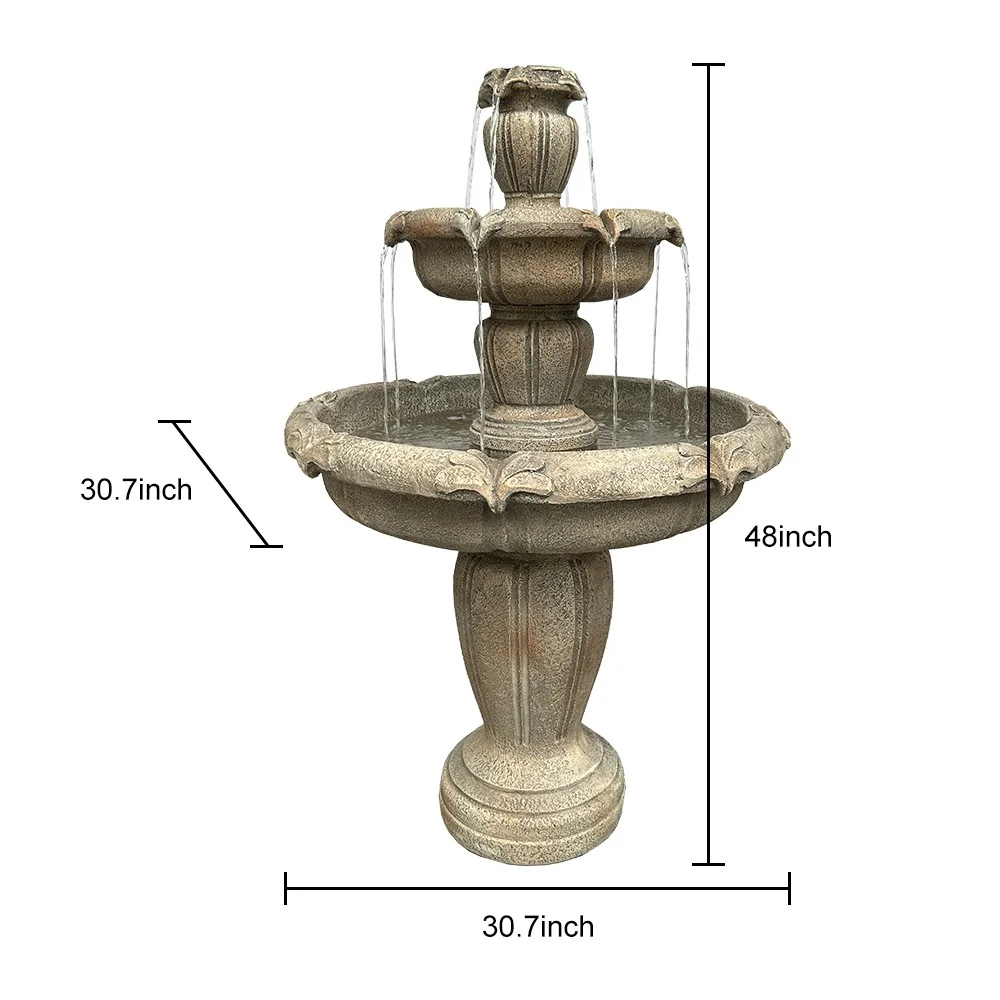 48-Inch Tall Outdoor Decorative 3-Tiered Concrete Relaxation Fountain