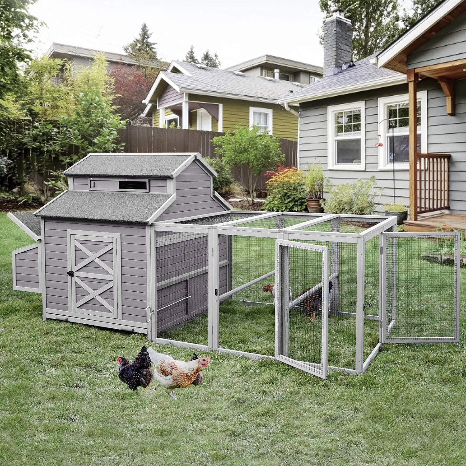 115in Chicken Coop Outdoor Large Hen House, Wooden Poultry Cage with Nesting Box, Run -4 Access Areas