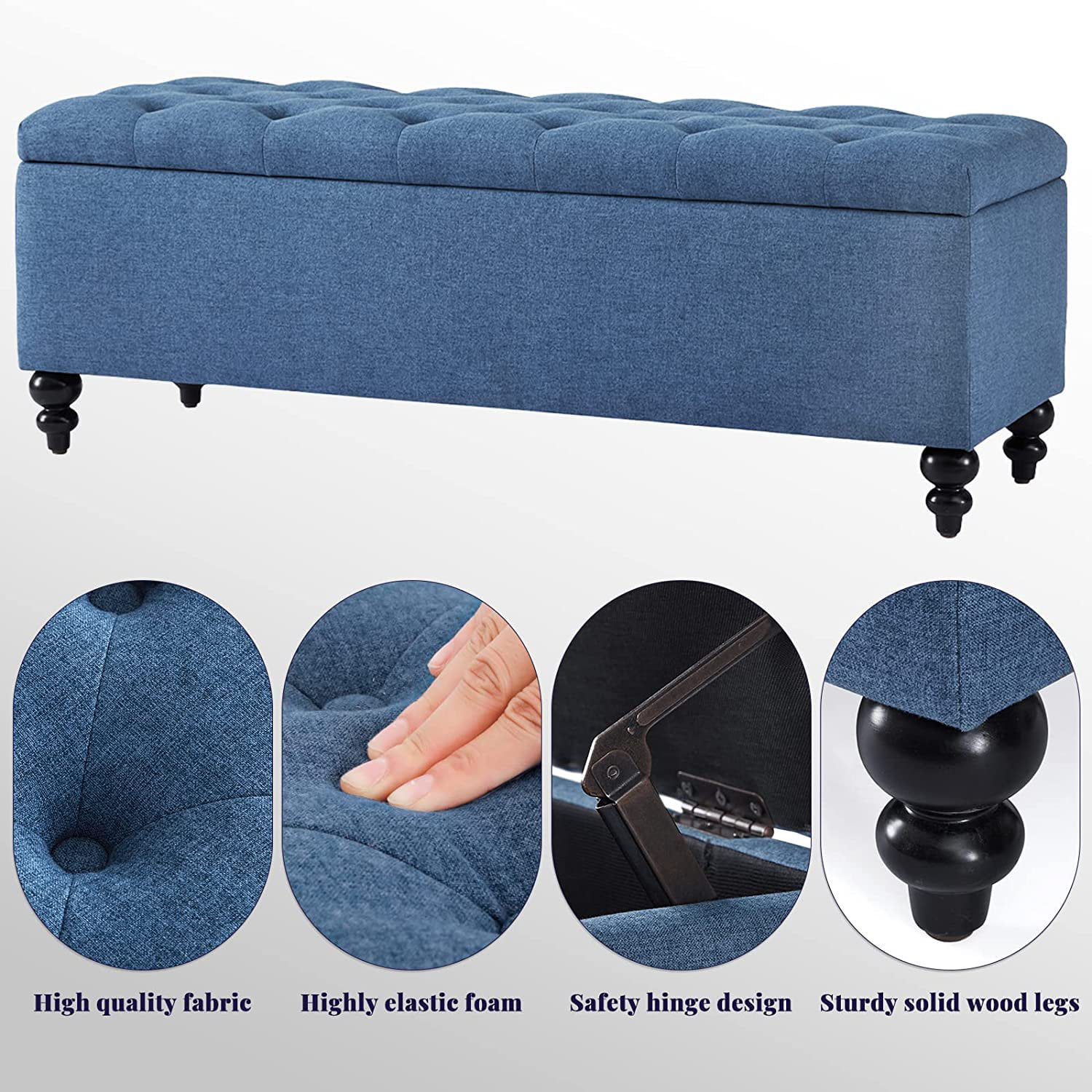 Kinmars 50.2" Ottoman with Storage, Large Storage Bench with Button-Tufted, Safety Hinge Ottoman in Upholstered Fabrics for Bedroom, Living Room(Blue)