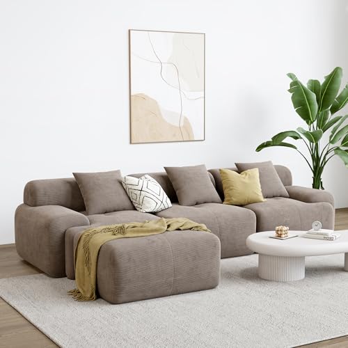LIKIMIO 118" Modern L-Shaped Modular Sectional Sofa for Living Room, Corduroy Upholstery Green, Oversized 3-Seater Couch with Deep Seat and Movable Ottoman – No Assembly