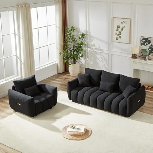2 Piece Teddy Cloud Sofa Couch Set, Modern Deep Seat 3 Seater Boucle Sofa & Single Sofa Chair, Cozy Upholstered Sherpa Living Room Furniture Set for Apartment Office, Black