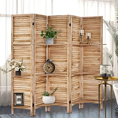 Room Divider with Shelves, Privacy Screen, Room Dividers and Folding Privacy Screens, 5 Panel Wood Temporary Wall Partition Separation Separator, Coconut