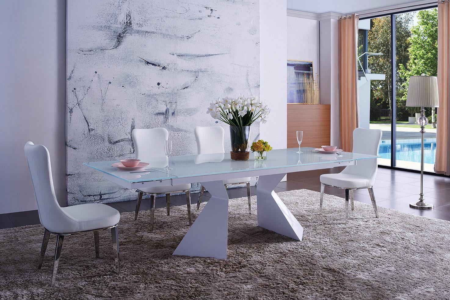 White Extendable Glass Dining Table Contemporary Modern Made In Italy ESF 992 DT