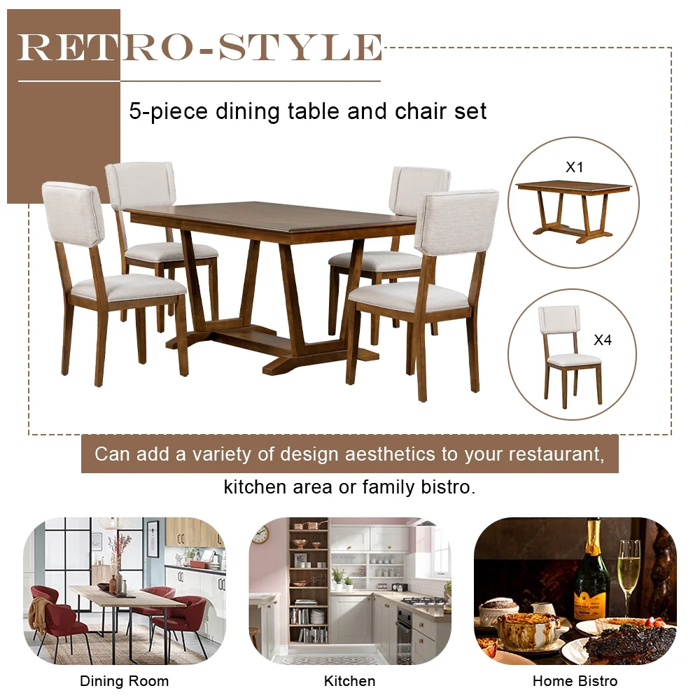 5 Piece Dining Table Set, Atumon Dining Table Set for 4, Wood Dining Room Set with 1 Table and 4 Upholstered Chairs, Farmhouse Dining Table Set for Kitchen Dining Room Apartment, Walnut