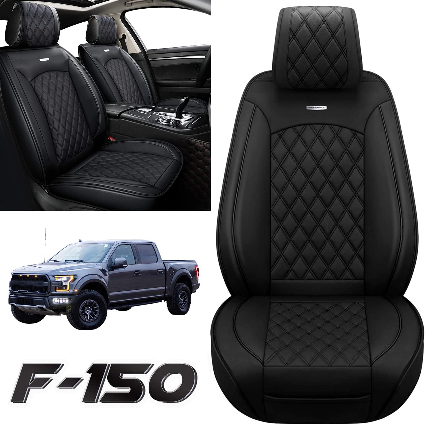 Seat Covers Fit for for Ford Trucks, Suvs, Cars and Vans Pick-Up Truck Fit for 2009 to 2021 Ford F150 and 2017 to 2021 F250 F350 F450 Car Seat Covers Full Set with Leather (2 pcs Front Seat, Black)