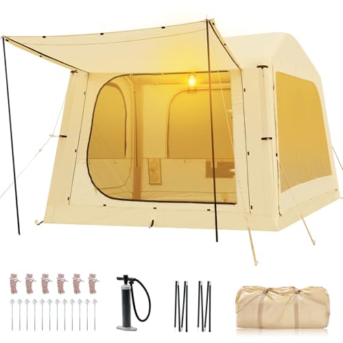 Inflatable Tents for Camping, Blow Up Tent with Hand Pump, Easy Setup Inflatable Hot Tent with Stove Jack, Waterproof Oxford Air Glamping Tents for Camping Adult 4-6 Person