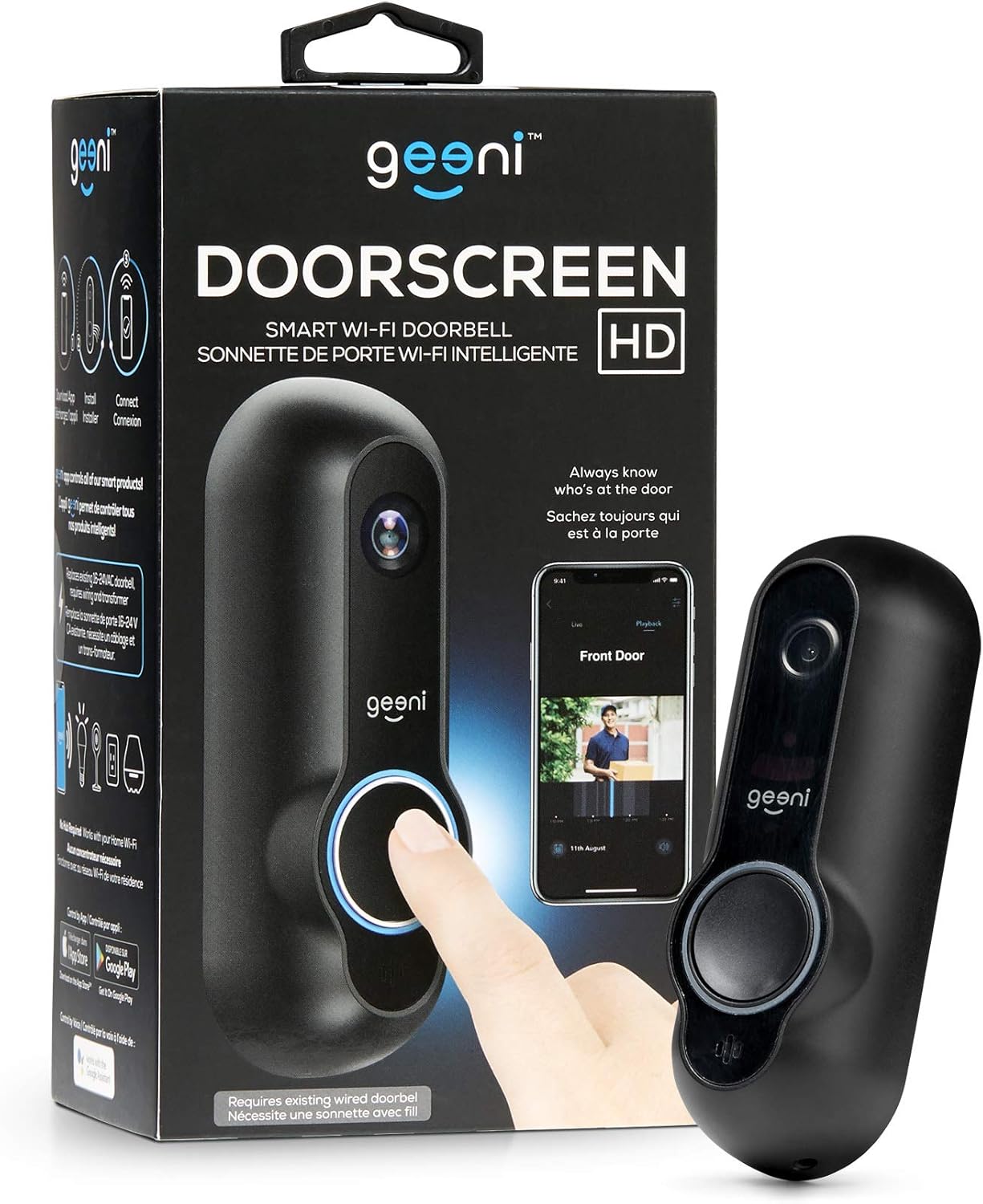 Geeni, DOORSCREEN Smart Wifi Doorbell, HD Camera Doorbell with Night Vision and Motion Sensor, Compatible with Alexa and Google Assistant, No Hub Required
