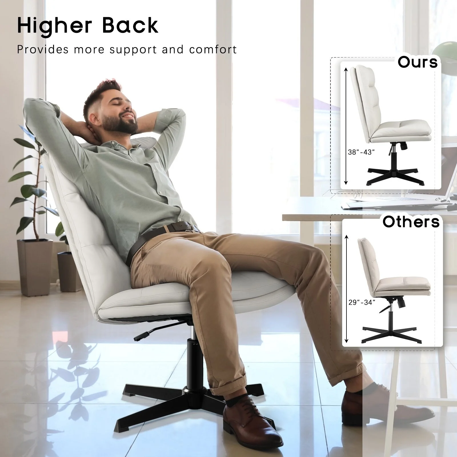 Bossin  Office Chair Desk Chair Armless No Wheels, PU Leather Criss Cross Legged, High Back Task Chair White