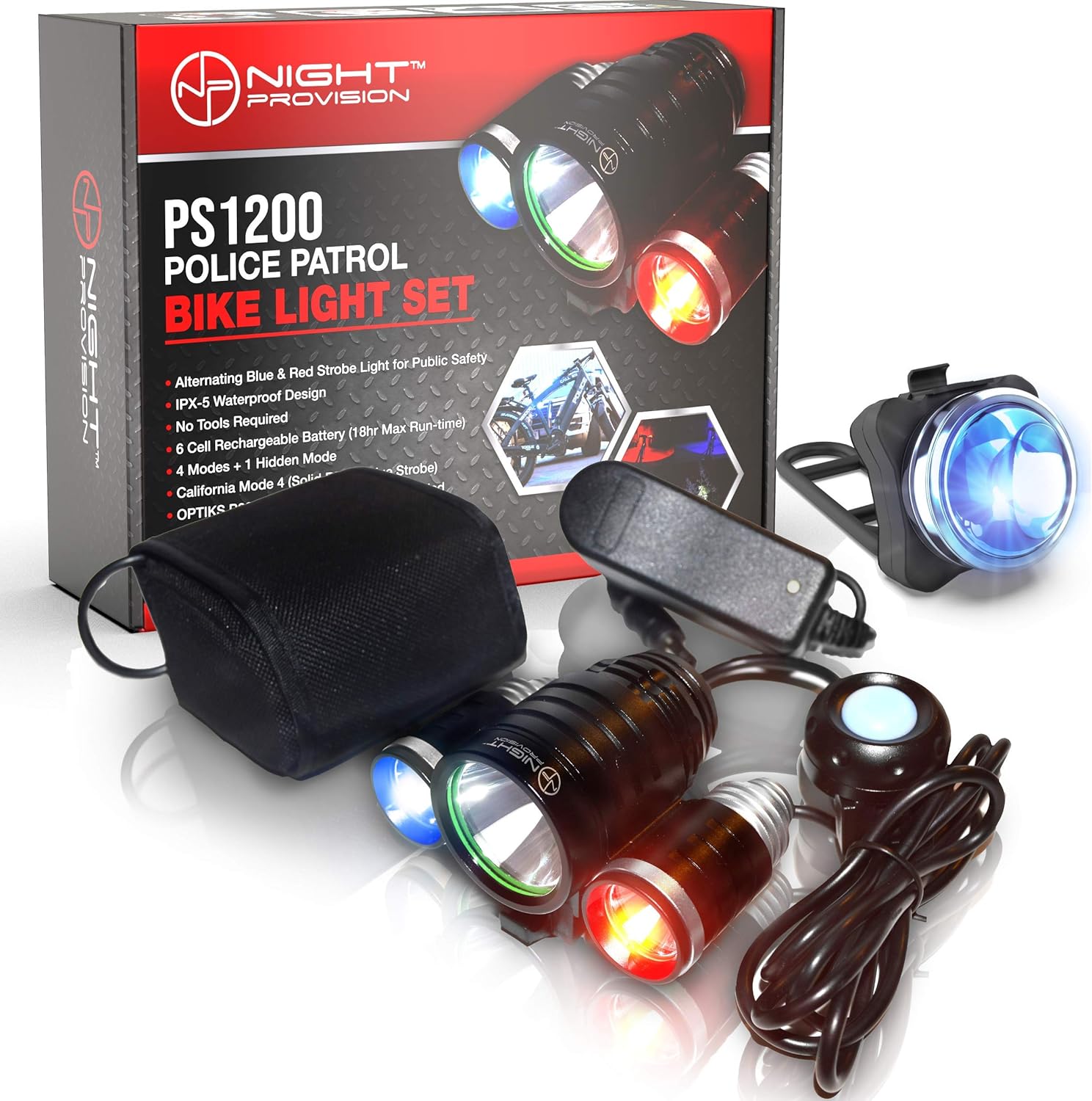 NP NIGHT PROVISION PS1200 Front & OPTIKS 210 Rear Police Patrol Bike Light - Red/Blue Strobe LED - Rechargeable - Water Proof - 5 Modes