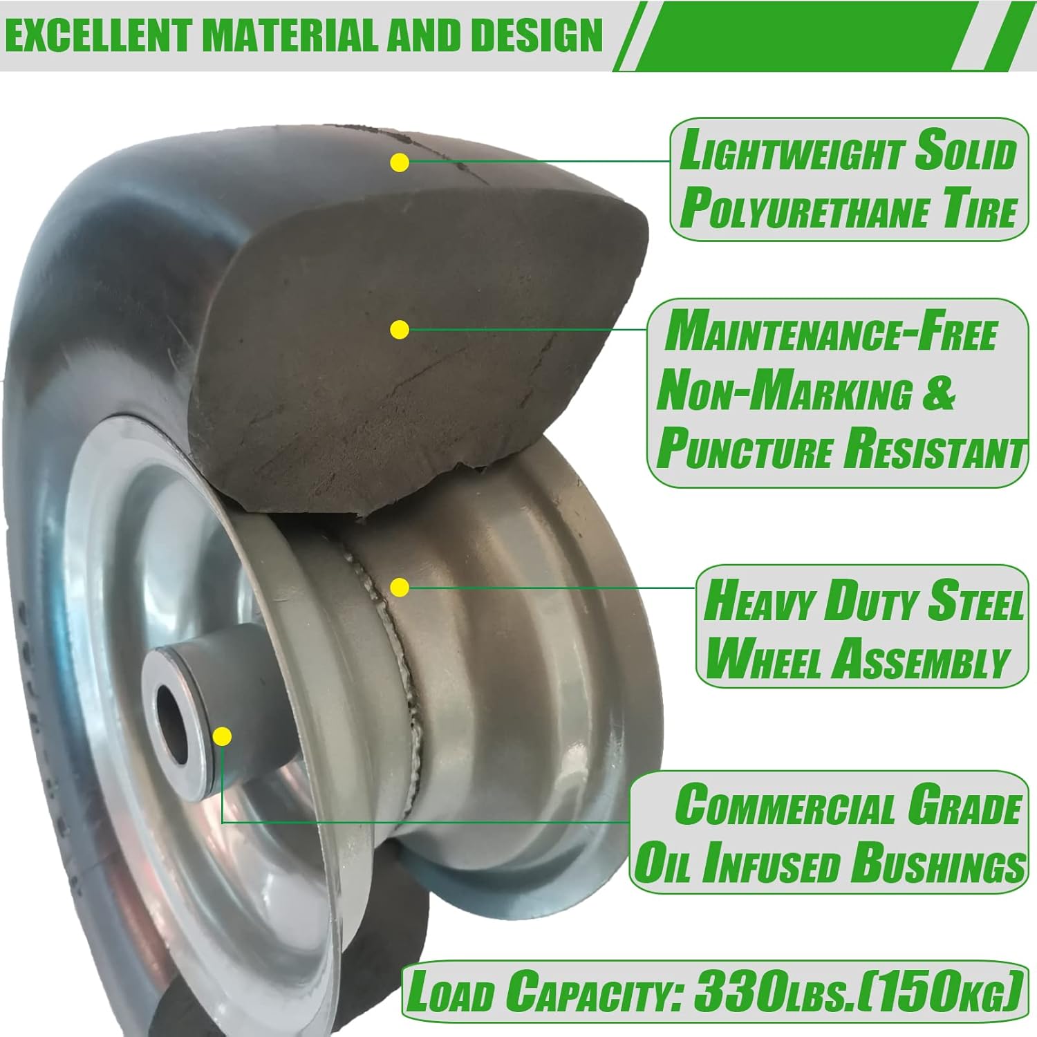 2 PCS 11x4.00-5" Flat Free Lawn Mower Tire on Wheel, 3/4" or 5/8" Bushing, 3.4"-4"-4.5 -5" Centered Hub, Universal Fit Smooth Tread Tire for Zero Turn Lawn Mowers, with Universal Adapter Kit