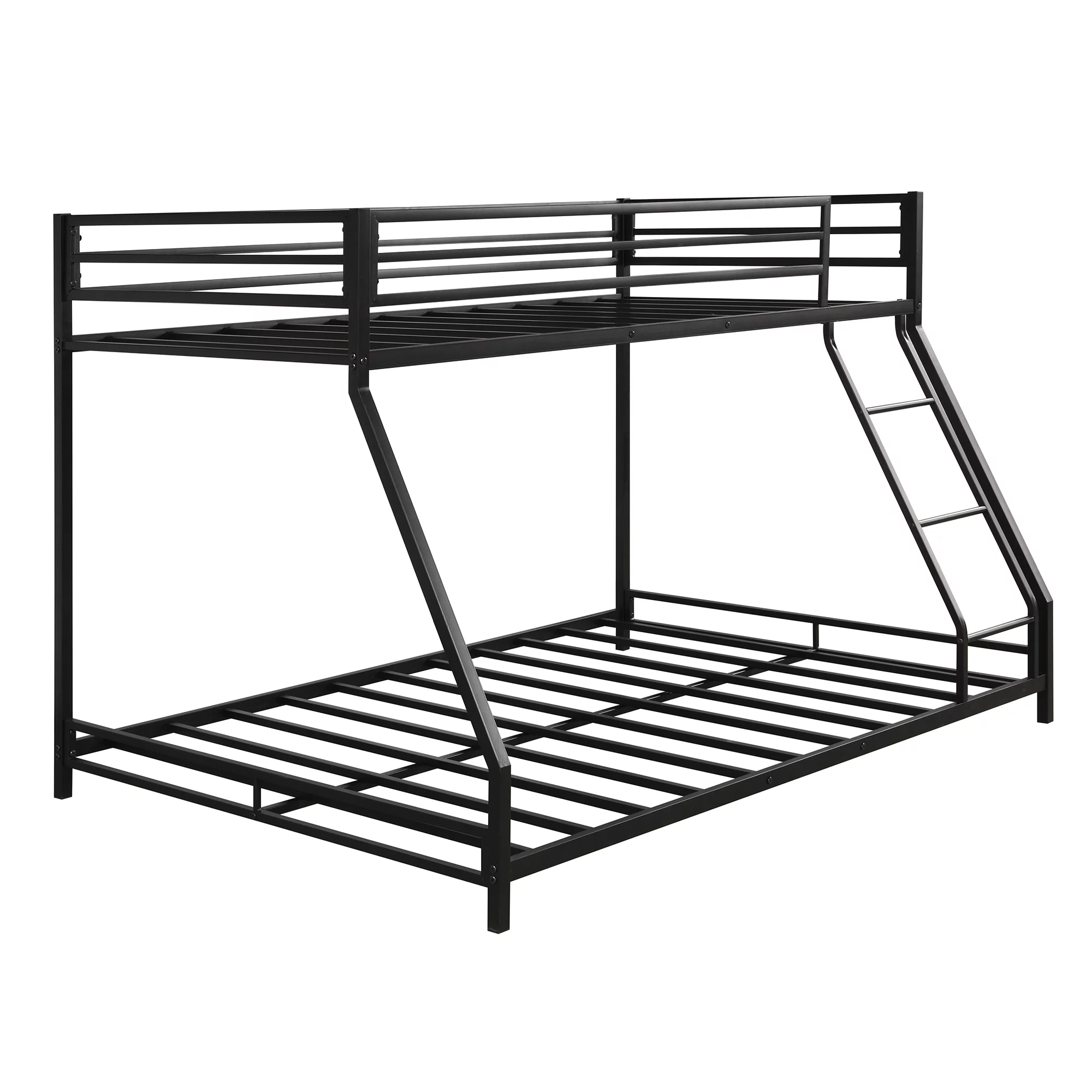 Bunk Bed, Twin Over Full Bunk Bed with Metal Frame and Ladder,  Heavy Duty Bunk Beds Twin Over Full Size for Adults Teens, Durable Bunk Bed Frame with Metal Support Slat, Safety Guardrail, Black, V278