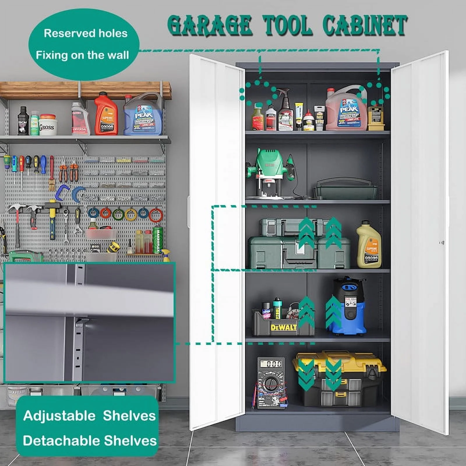 MIIIKO Metal Storage Cabinet 71" Locking Metal Storage Cabinet with 4 Adjustable Shelves, Black Metal Cabinet with 2 Doors and Lock for Office, Garage, Home