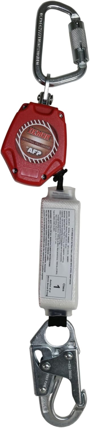 AFP Demon 6 Foot Double Web Leg Self Retracting Lifeline Safety Yoyo, Shock Pack Absorber, Aluminum Rebar Pelican Hook & Aluminum Carabiner Fall Protection Arrest Limiter SRL | OSHA & ANSI Rated