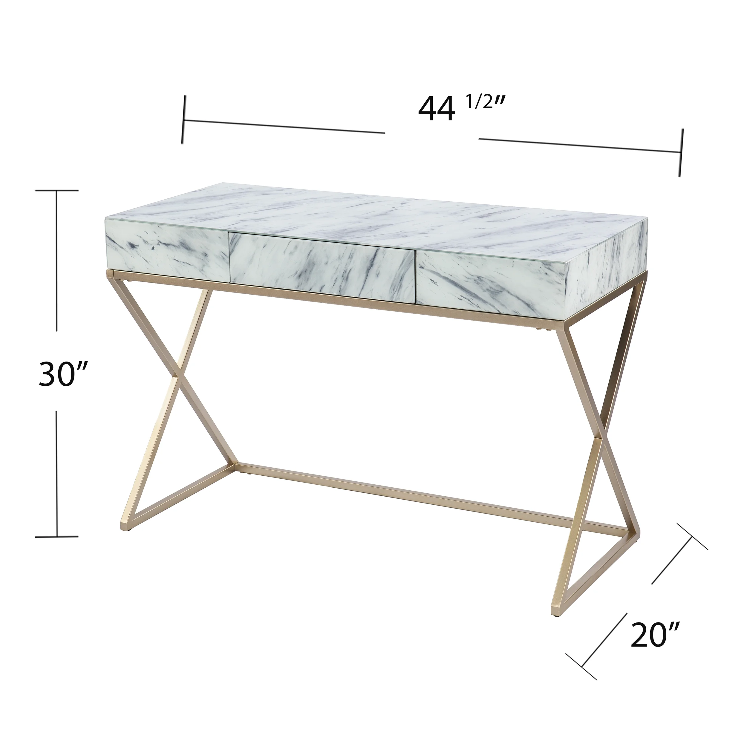 SEI Kamula Glam style Faux Marble Writing Desk with Storage in Gold finish with Gray and White faux marble