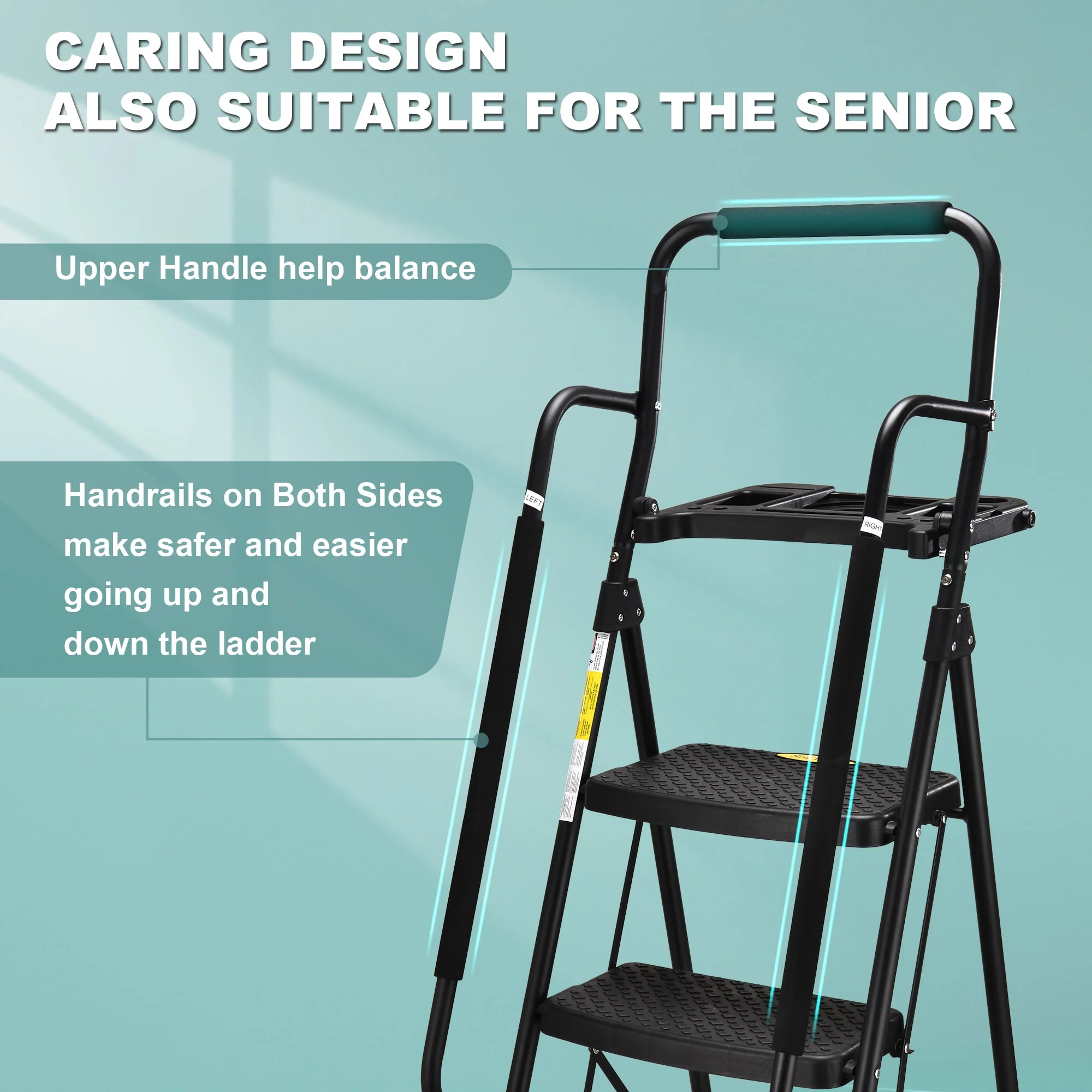 HBTower Folding 5-Step Ladder, 330lbs, with Handrails and Tool Tray and Anti-Slip Pedal, Black
