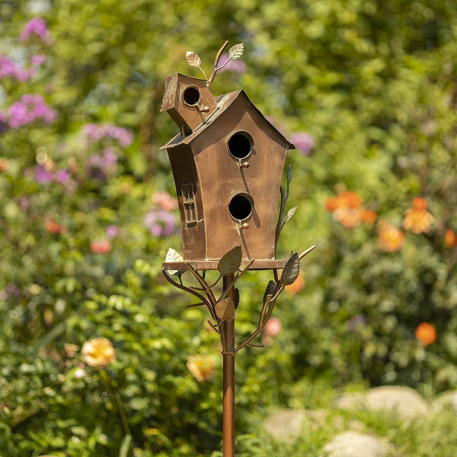 Zaer Ltd. Large Copper Colored Multi-Birdhouse Stakes, Room for 4 Bird Families in Each (Castle Home)