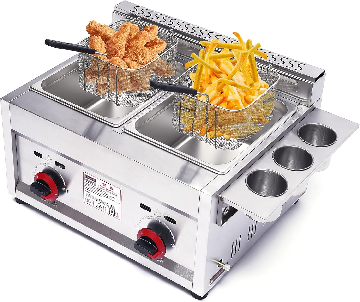 LYNICESHOP Stainless Steel Countertop Gas Fryer, Commercial LPG Gas Deep Fryer with 2 Basket Propane LPG Oil Frying Pot Kitchen Frying Machine Snack Fryer For French Fries Restaurant Home Kitchen