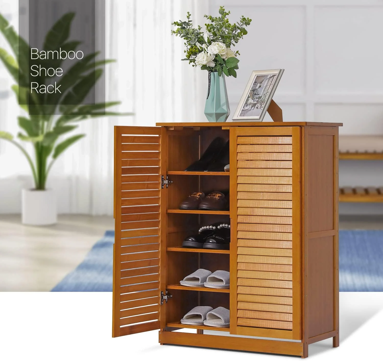 5 Tier Shoe Storage Cabinet With Shutter Doors, Bamboo Shoe Floor Storage Organizer Rack For 11-15 Pairs Entryway Hallway Mudroom, Brown