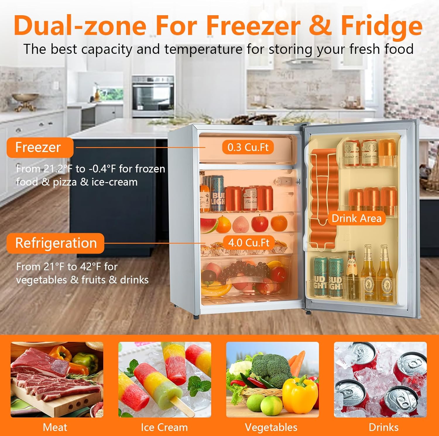 Mini Refrigerator with Freezer, 4.3 Cu.Ft. Compact Refrigerator, 7 Settings Temperature Adjustable, Removable Glass Shelves Dorm Fridge for Garage,Bedroom, Office, Apartment, Grey