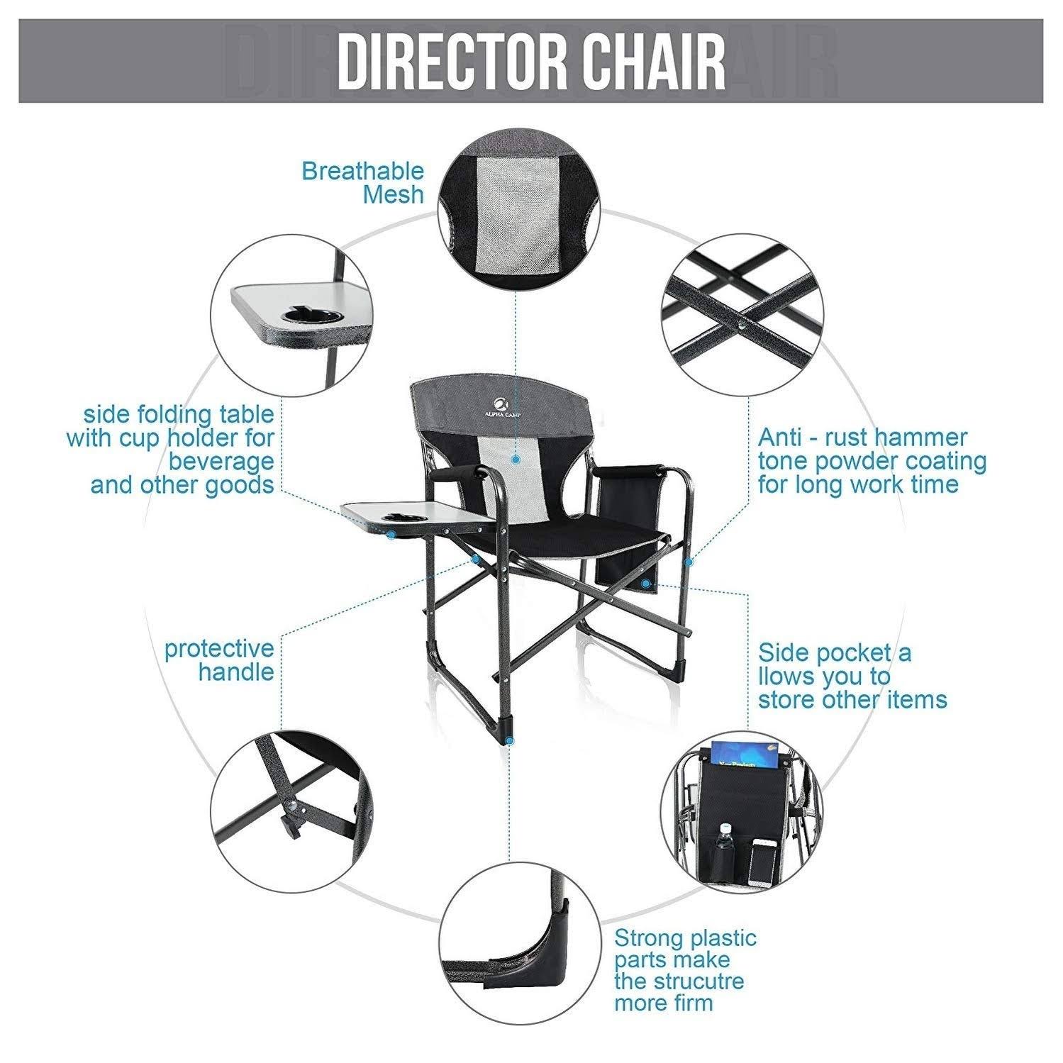 Alpha Camp Oversized Camping Director Chair Heavy Duty Frame Collapsible Recliner with Side Table, Supports 300 lbs