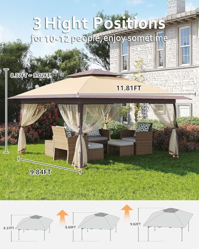 11x11 Pop Up Gazebo Tent with Mosquito Netting, Outdoor Canopy Shelter Easy Setup, Water & UV Resistant - Khaki