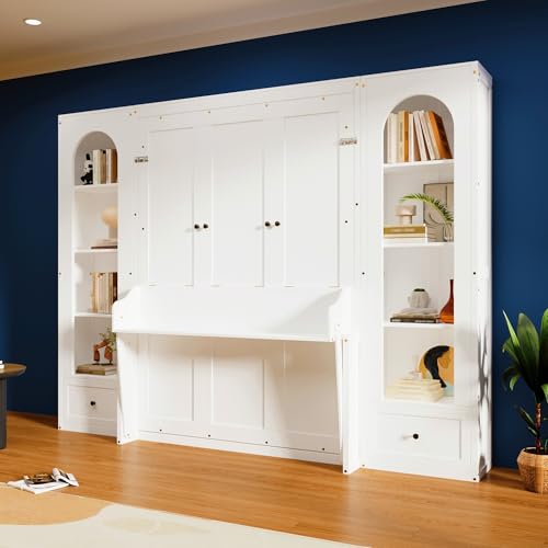 KLMM Wooden Murphy Bed Wall Bed with 2 Wardrobe and Storage Shelf,Foldable Platform Bedframe for Guest-Room Bedroom Study Office Use (White#E, Full)