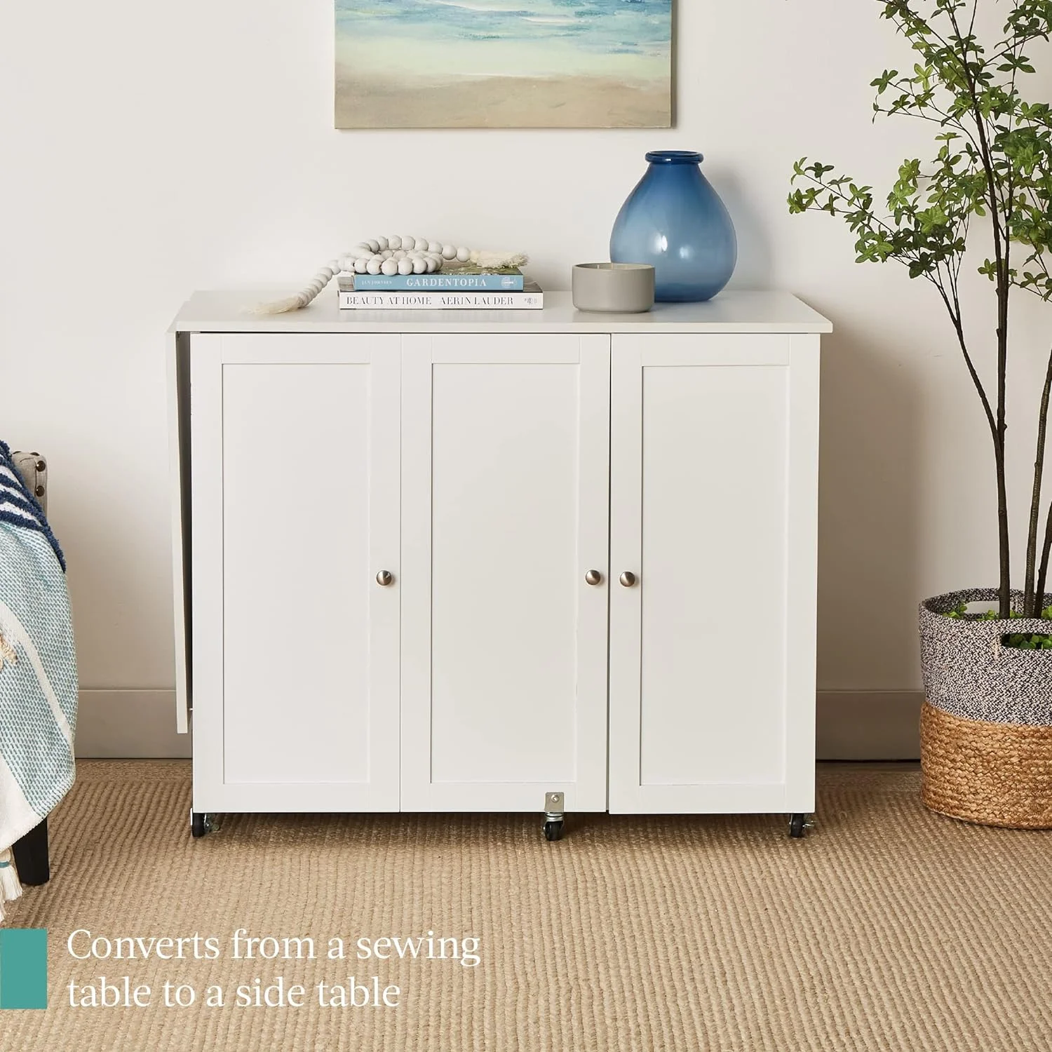 SHSHSIO Large Folding Sewing Table, Multipurpose Portable Craft Station & Side Desk w/Compact Design, Caster Wheels, Storage Shelves, 2 Storage Trays, Magnetic Doors - White