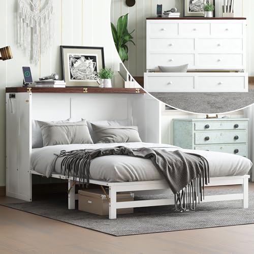 Queen Murphy Bed Cabinet, Murphy Bed Queen with Storage Drawer & Charging Station, USB Port, Solid Pine Wall Beds for Home Office, Studio or Guest Room, White