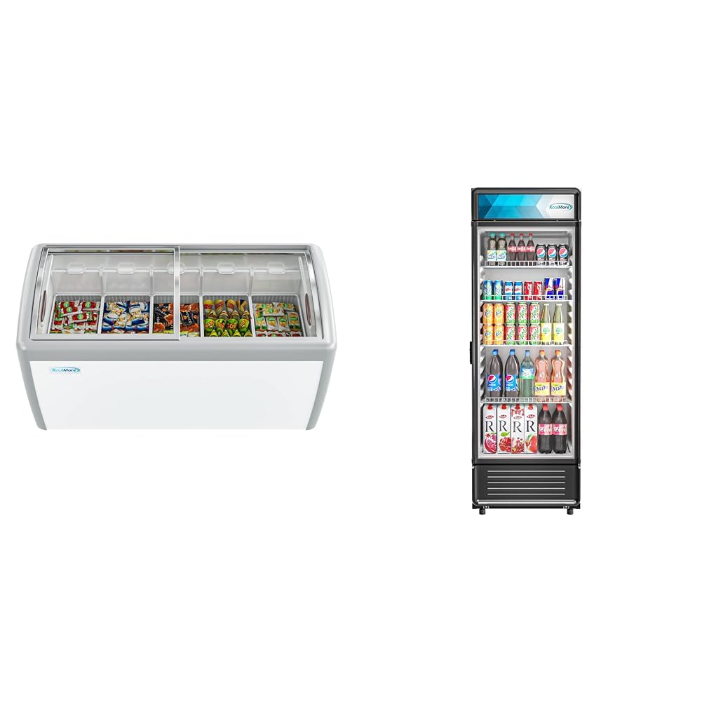 KoolMore MCF-16C Commercial Ice Cream Freezer Display Case, 16 Cu. Ft, White & Commercial One Glass Door Display Upright Beverage Refrigerator Cooler Merchandiser - 12 Cu. Ft [Black] (MDR-1GD-12C)