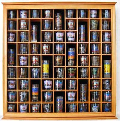 71 Shot Glass Rack Wall Display Case Holder Cabinet, Solid Wood (Oak Finish)
