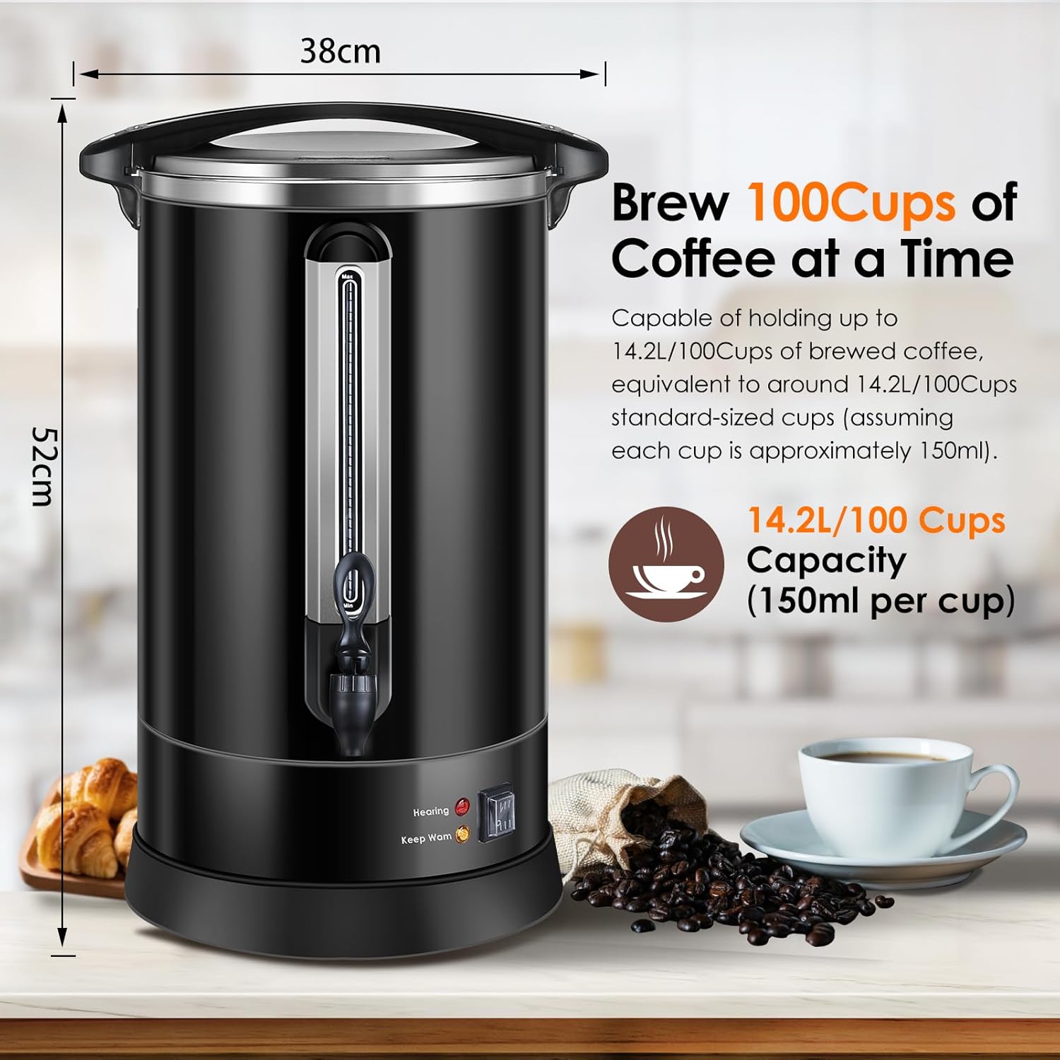 Coffee Urn 100Cups Large Coffee Dispenser 14.2L Full Stainless Steel Commercial Coffee Maker Double Wall Quick Brew Electric Beverage Dispenser Hot Water Urn-Black
