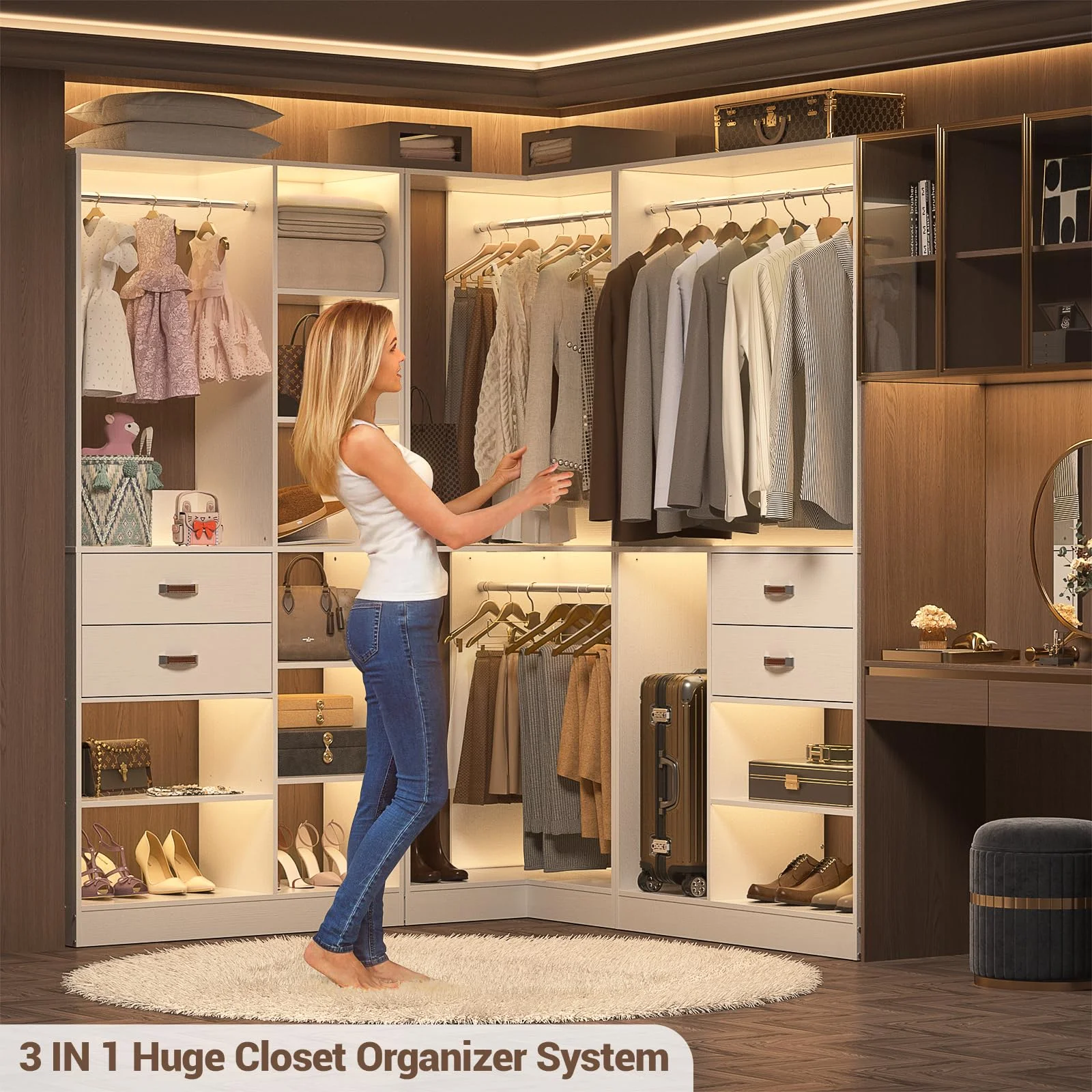 Homieasy Freestanding Closet System with 3 Sets, 110'' Reversible Stand-alone Wardrobe, 80'' Height Cloth Garment Organizer, Walk-in Closet with Hanging Rod, 71"Lx71"Wx80"H, Load 2500 LBS, White - Curated Treasures Market