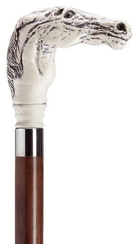 Harvy Canes - Antique Scrimshaw Racehorse Head Derby Handle - Walking Cane - 36 - Antique/Walnut