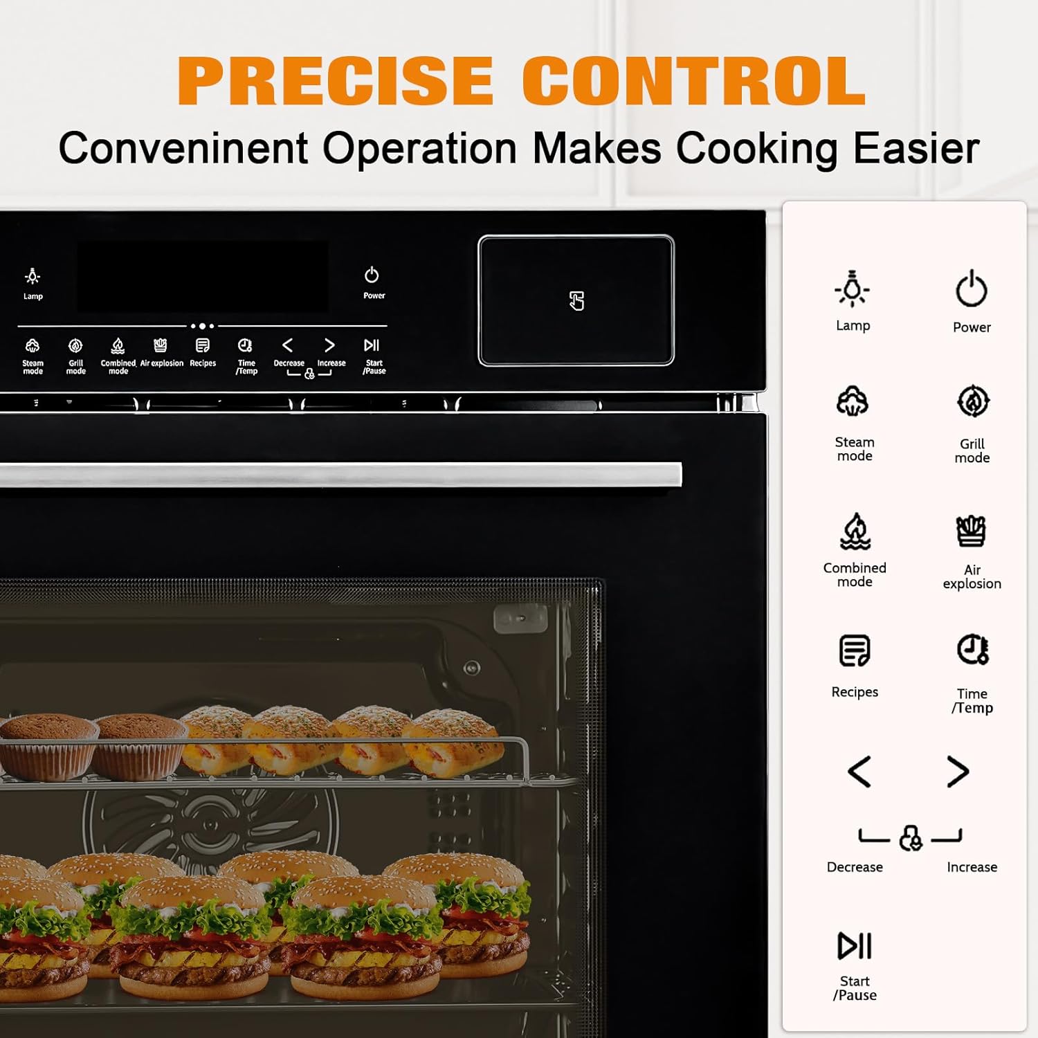 24" Electric Single Wall Oven, 2.5Cu.ft Built-in Electric Convection Oven, 8 Baking Modes, with Air Frying Function, 3000w, 3D Surround Heating with Double-Layered Glass Door, Timer, Touch Control