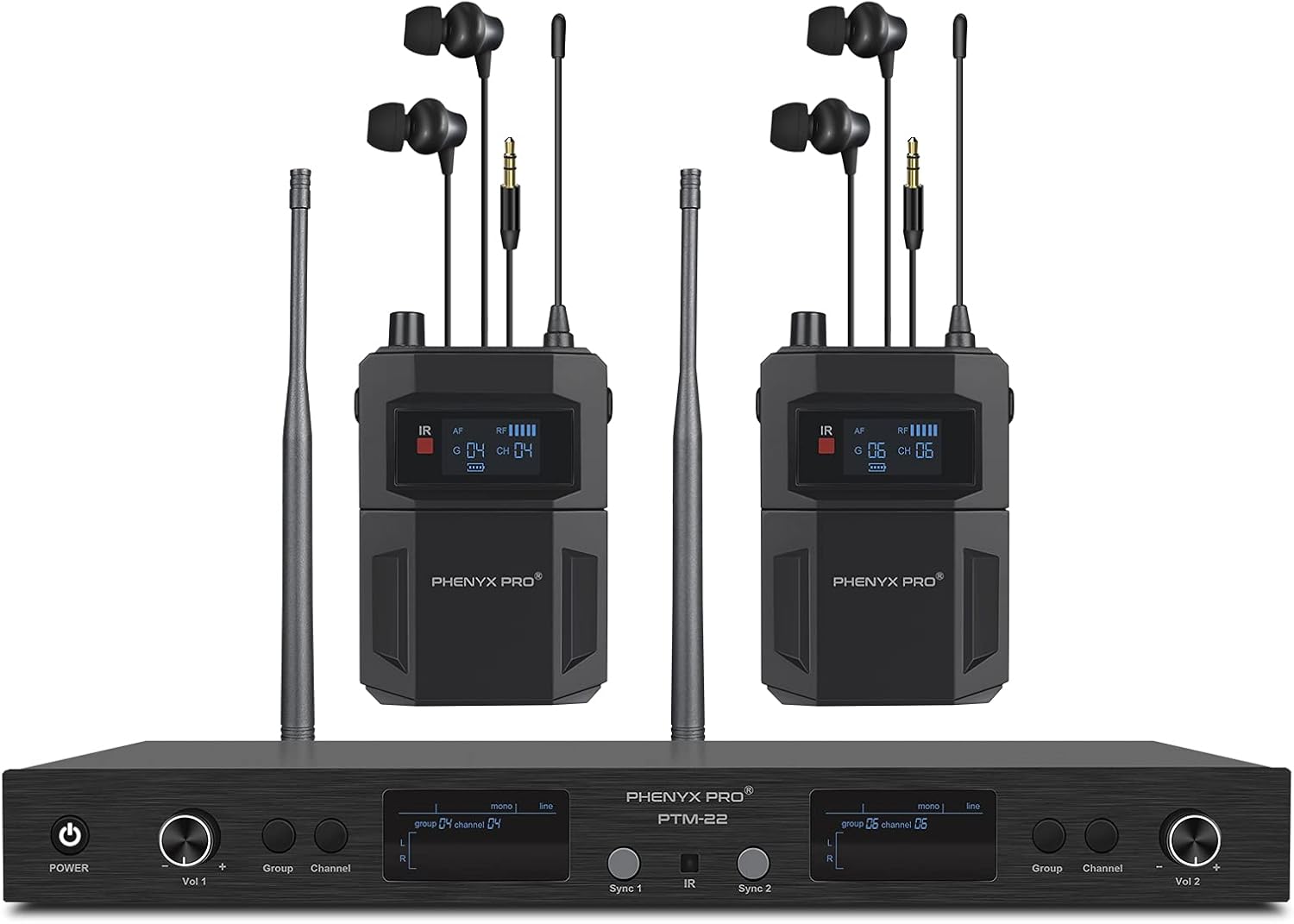 Phenyx Pro UHF Mono Dual Wireless in-Ear Audio Monitor System, Metal Transmitter, Sturdy Bodypack Receiver, 2x50 Frequencies, Separate Outputs, 164ft Operation, Ideal for Band and Studio (PTM-22)