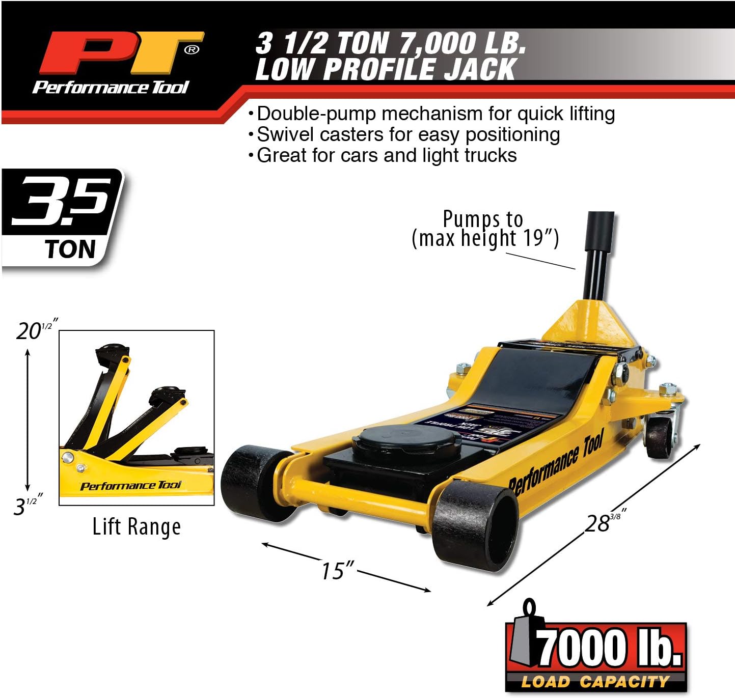 Performance Tool W1645 Professional Low-Profile Swiveling Floor Jack, 3.5-Ton Capacity