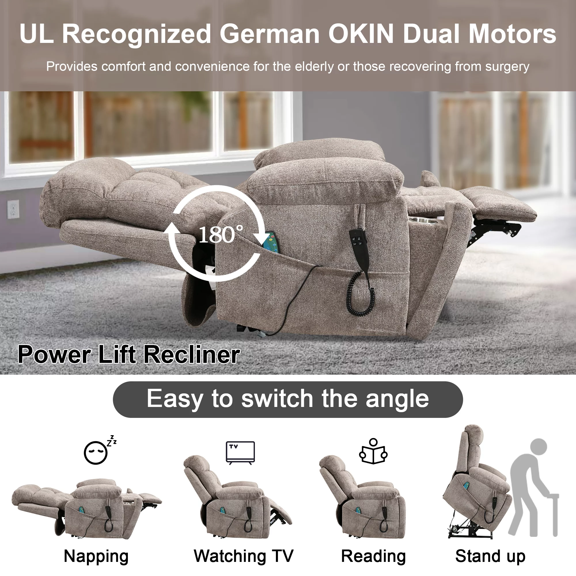 Dual Motor Power Lift Recliner Chair with Massage and Heat for Elderly People,Oversized Recliners Chair for Big Tall men,Infinite Position, 180 Degrees,Cup Holders,Side Pocket,Fabric,350 lbs